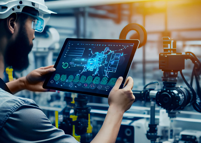 factory worker interacting with a tablet