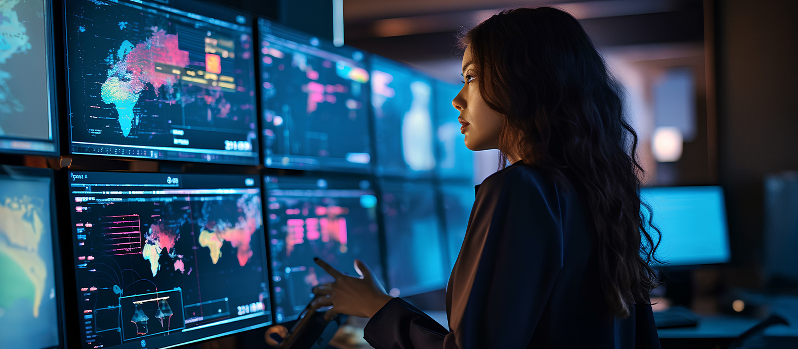 A thoughtful young woman looking at data points on the screens