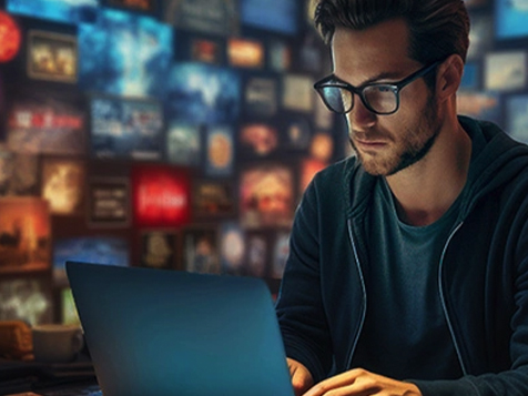 A man wearing glasses working on a laptop