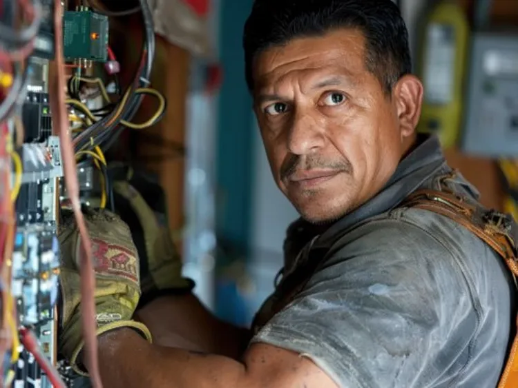 A Close-up of a Hispanic Electrician Working on a Circuit Board